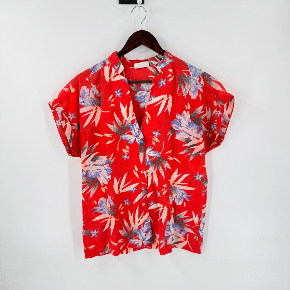 Vintage Koret Button Down Pink Floral Medium‎ Short Sleeve Tropical Summer Top